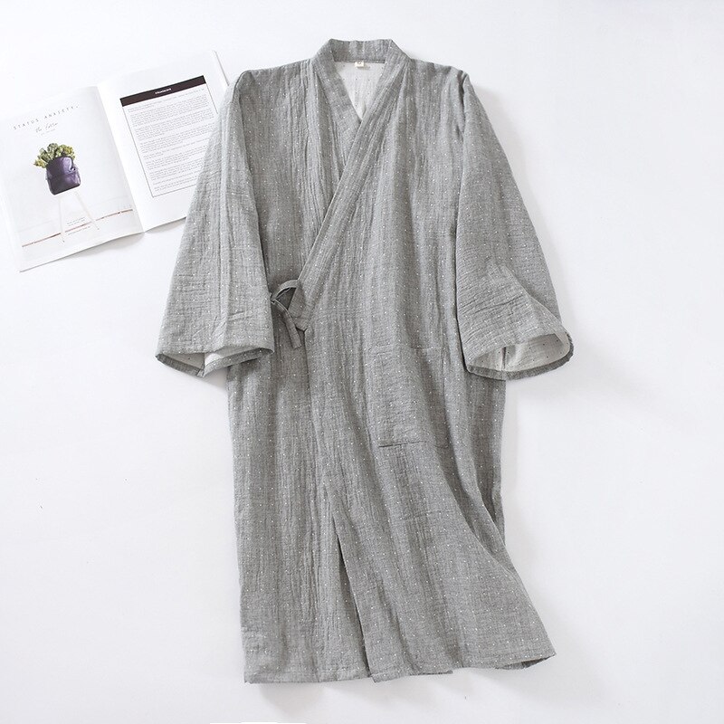 Cotton Kimono Style Bathrobe Men's Spring Summer and Autumn Thin Steamed Bathrobe Nine-quarter Sleeves One-piece Robe Men Kimono