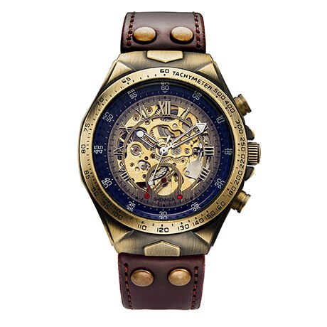 Automatische Mechanische Horloges Mannen Lederen Band Retro Skeleton Steampunk Polshorloge Zelf Wind Top Relogio Masculino: brown