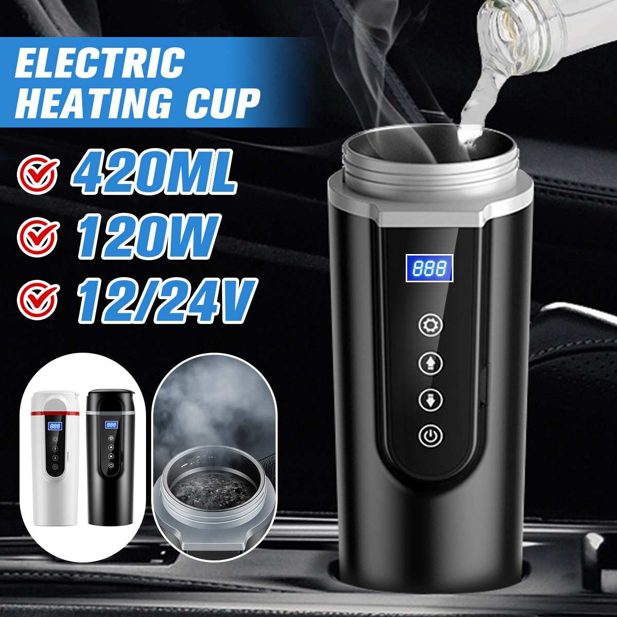 Tasse chauffante électrique en acier inoxydable pour voiture, bouilloire de voyage, chauffe-tasse thermique pour camping, café et lait, 12V, 24V, 300 ml, 750 ml, 1200ml  34