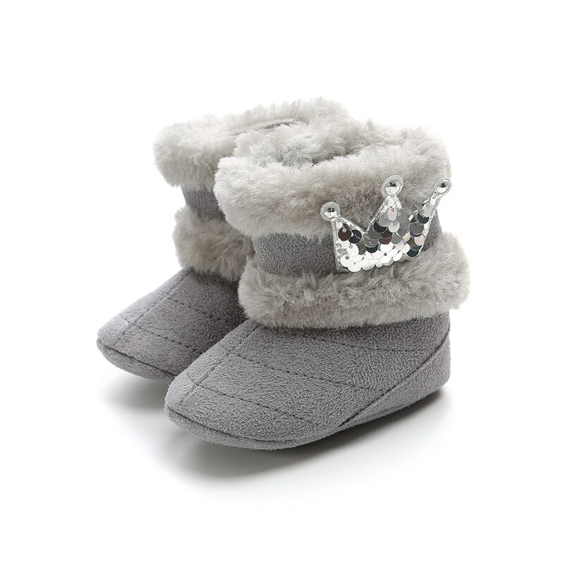 Peuter Baby Meisje Lovertjes Crown Winter Laarzen Schoenen Pluche Zachte Crib Zool Schoenen Pasgeboren Warme Snowboots Prewalkers: GRAY / 0-6 months