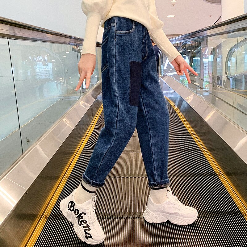 Girls Autumn Denim Pants Outer Wear Children Winter Clothes Kids Casual Sport Slacks Stitching Teenage Plus Velvet Padded Jeans