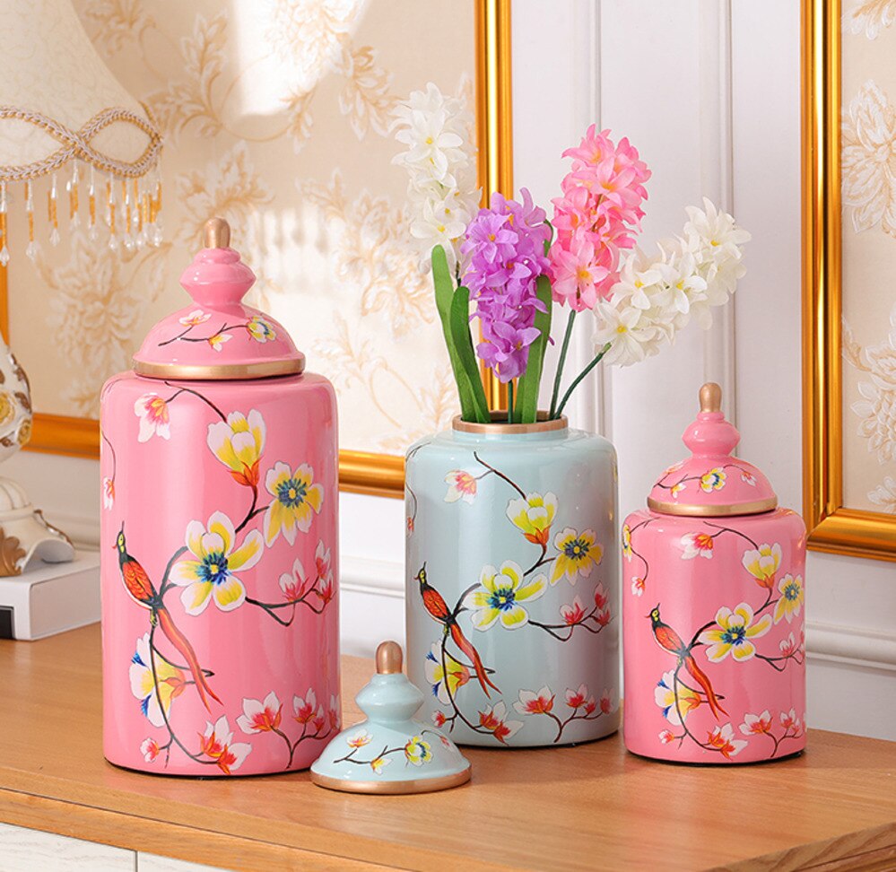 Jarrón de cerámica pintado de flores y pájaros, jarrones clásicos, tarro de caramelo antiguo, tarros de almacenamiento de porcelana multiusos, decoración Vintage para el hogar