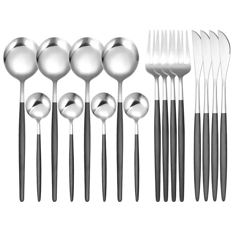 16Pcs/Set White Gold Cutlery Set Knives Forks Tea Spoon Dinnerware Flatware Stainless Steel Silverware Kitchen Tableware Set: 16 Pcs Black Silver