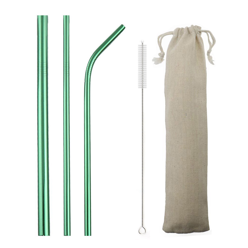 Multi 5-Pcs Eco Friendly Reusable Straws Set 304 Stainless Steel Straw Metal Smoothies Drinking Straws Set with Brush Pouch Bag: Green