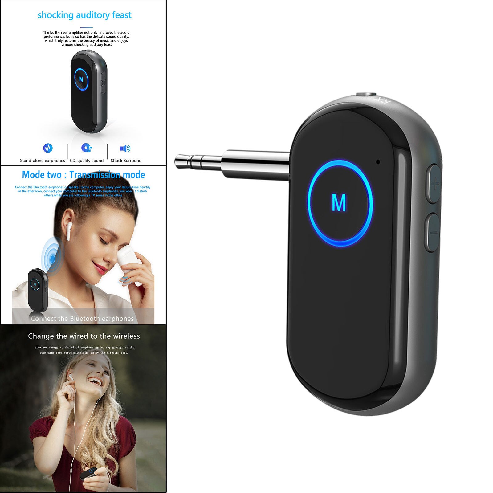 Bluetooth Adapter Noise Cancelling 3.5mm Dual Connection Signal Stability Automatically BT5.0 HiFi Music Receiver for Speakers