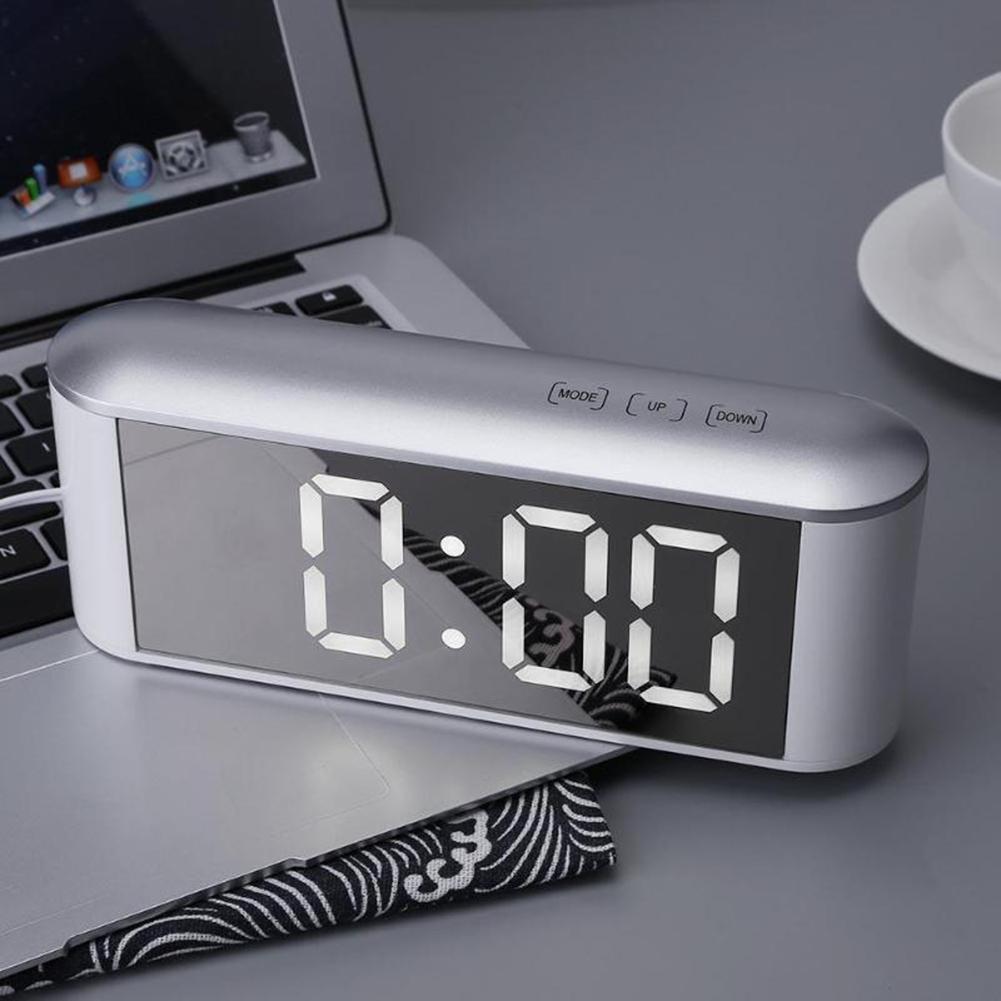 Table Desk LED Screen Mirror Digital Time Temperature Display Snooze Alarm Clock LED Screen Temperature Display Adjustment