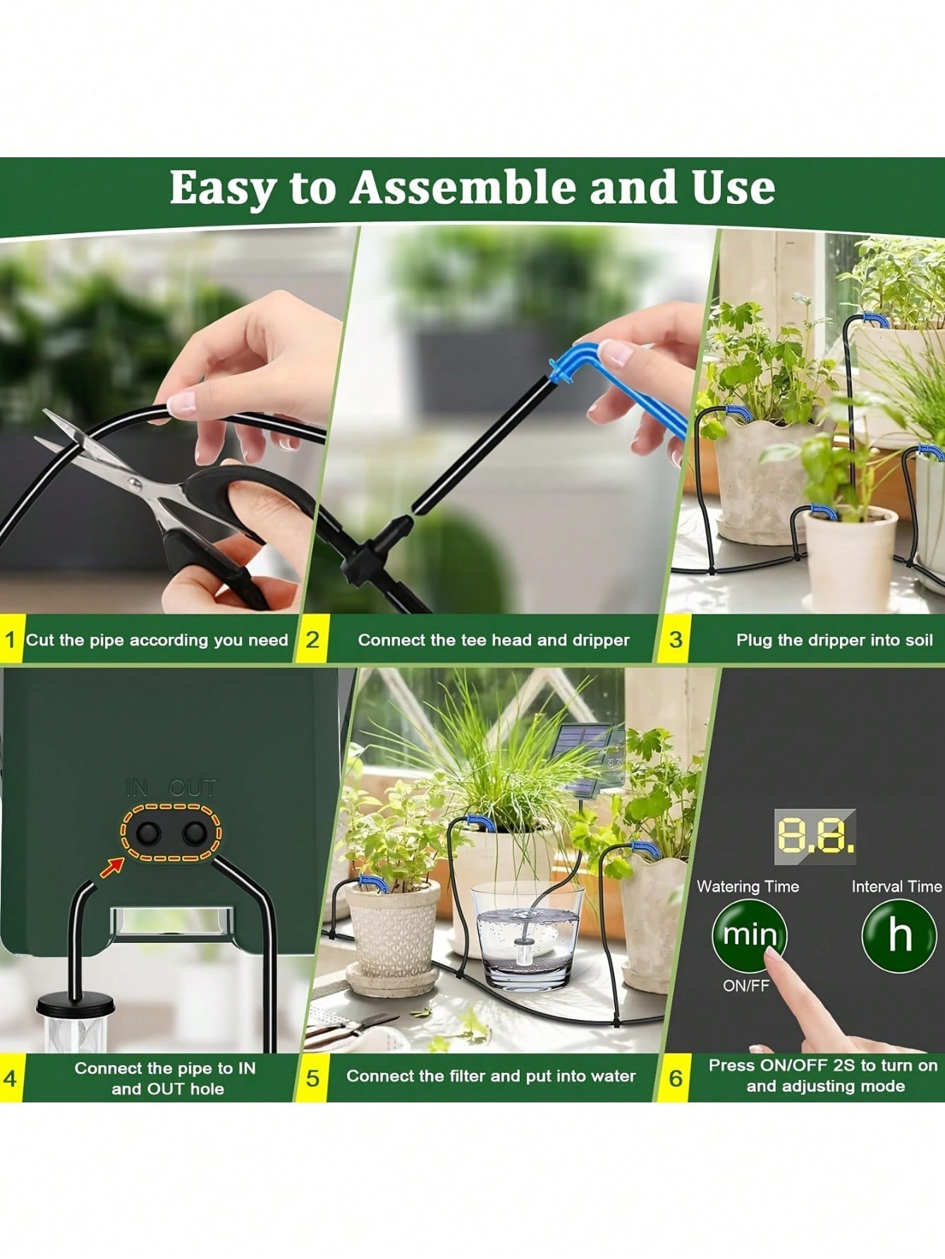 Högpresterande solcellsdrivet droppbevattningssystem för trädgården - olika tidsmodeller att välja mellan, automatiskt växtbevattningskit, för upp till 10 krukväxter, med solcellsladdare och vattennivåindikator, perfekt för inomhus- och utomhusbruk