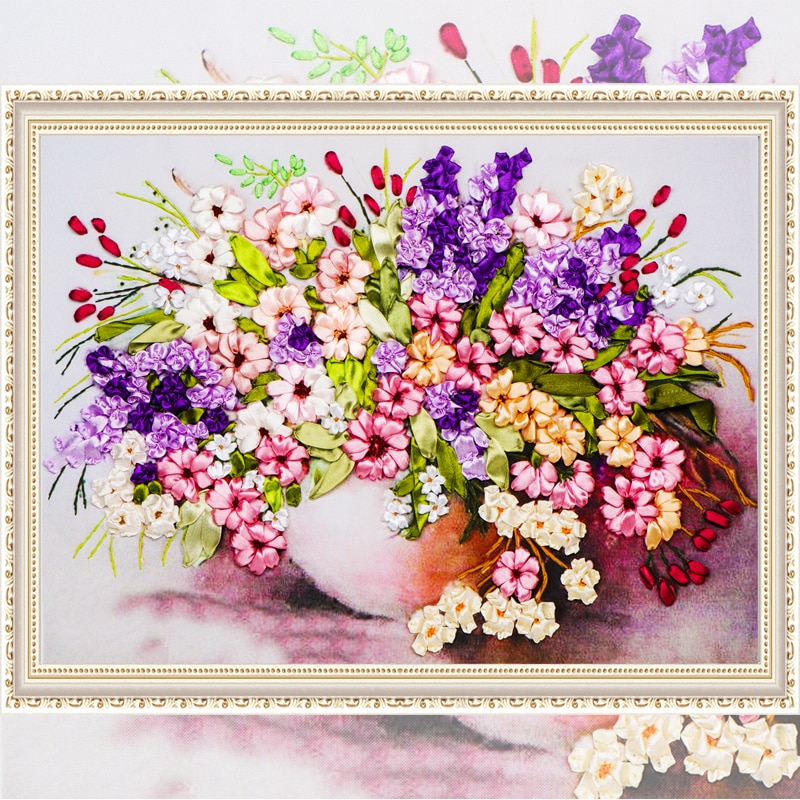 Flower Cross Stitch Embroidery,Silk Ribbon Embroidery Kits, Embroidery Paintings,Needlework Swing Handmade Craft C-0266
