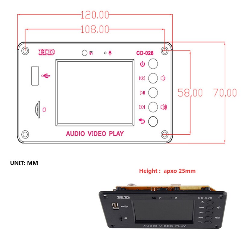 Receptor de Audio estéreo placa decodificadora de MP3 Bluetooth 5,0, reproductor de vídeo, decodificación WAV APE, Radio FM, USB, TF para amplificador de coche