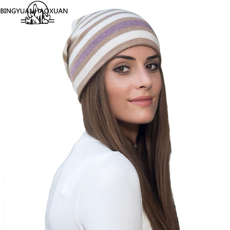 Bingyuanhaoxuan populære luer dameluer til vår og høst strikket med ullstripe strikkede luer gorros