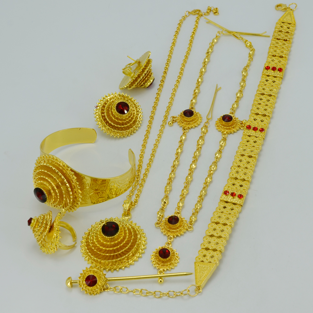 Anniyo-ensembles de bijoux éthiopiens, collier, Chokers, collier/chaîne frontale, boucles d'oreilles, bracelet, épingle à cheveux, anneau, Habesha, de mariage #028706