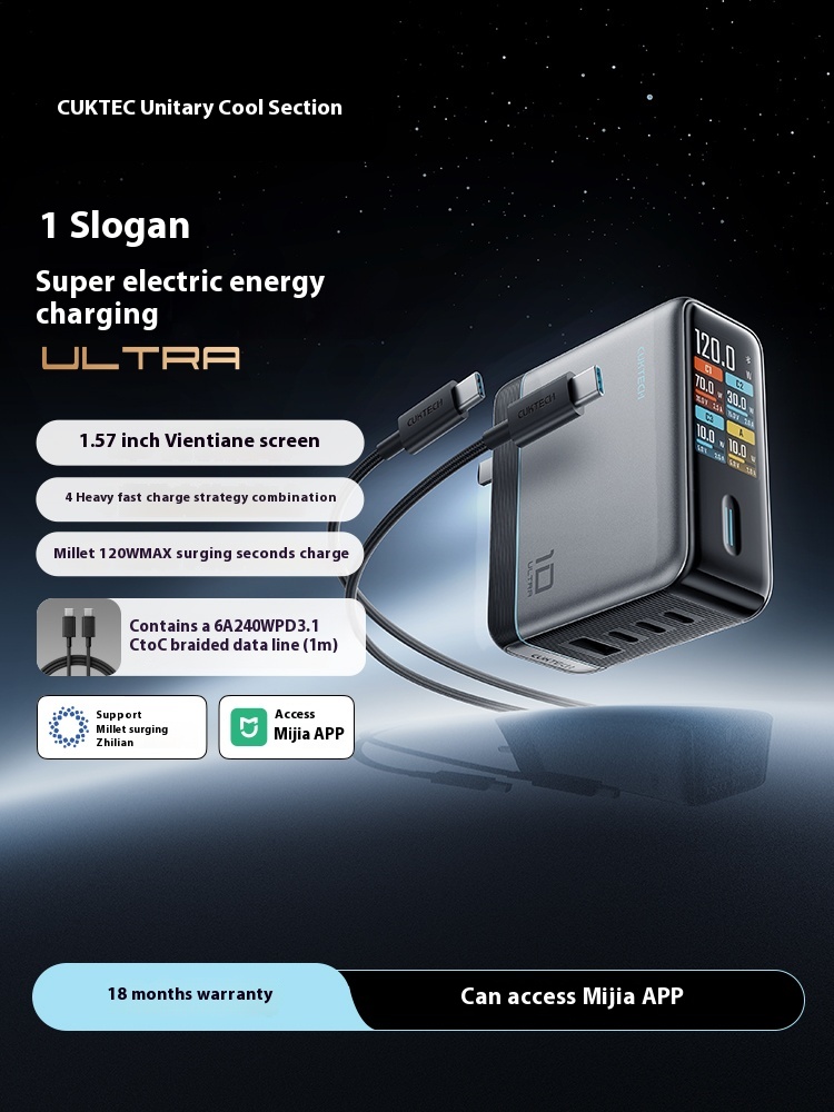 Originele CUKTECH 10 Super Elektrische Energieoplader PD3.0 Ultra-120W GaN Multi-poort Snellader met Scherm: Default Title