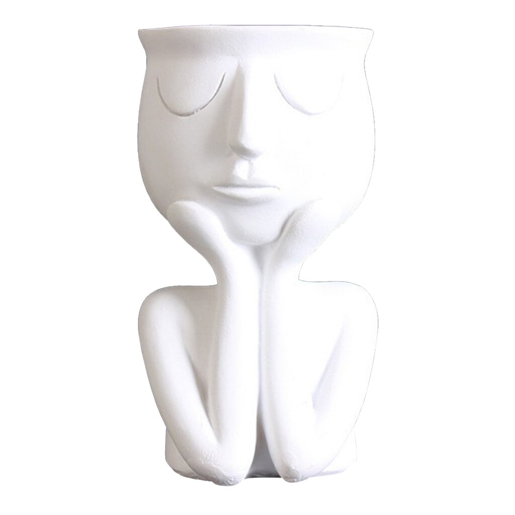 Menneskeligt portræt skulptur urtepotte vase saftige kaktusplanter sort_a: Hvid a