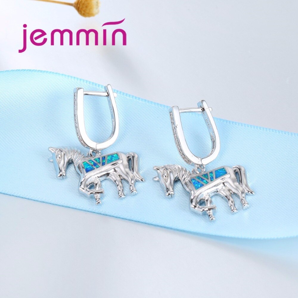 Horse Jewelry Set with Blue Fire Opal Stone Exquisite Animal Pendant Necklace & Earrings 925 Sterling Silver