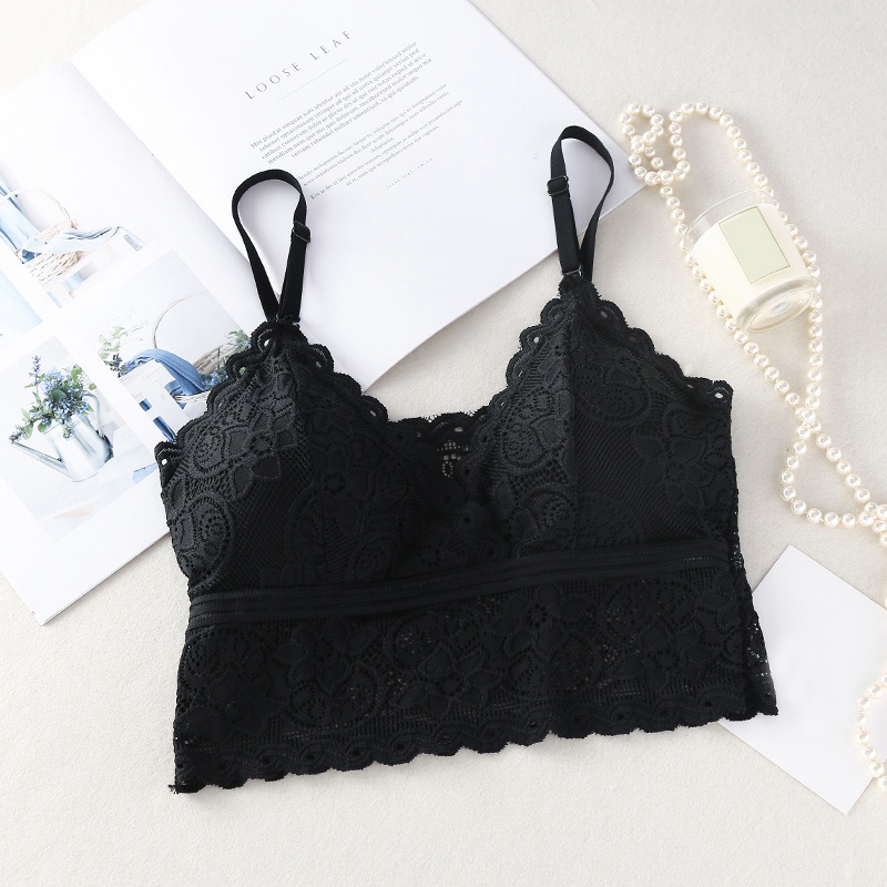 Women Wireless Bra Padded Bralette Deep V Lace Bras Summer Crop Top Embroidery Floral Tank Top: Black