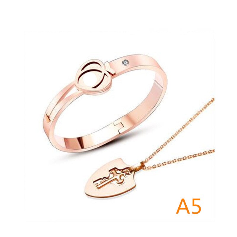 A Couple Lovers Jewelry Love Heart Lock Bracelet Stainless Steel Bracelets Bangles Key Pendant Necklace Jewelry: A5
