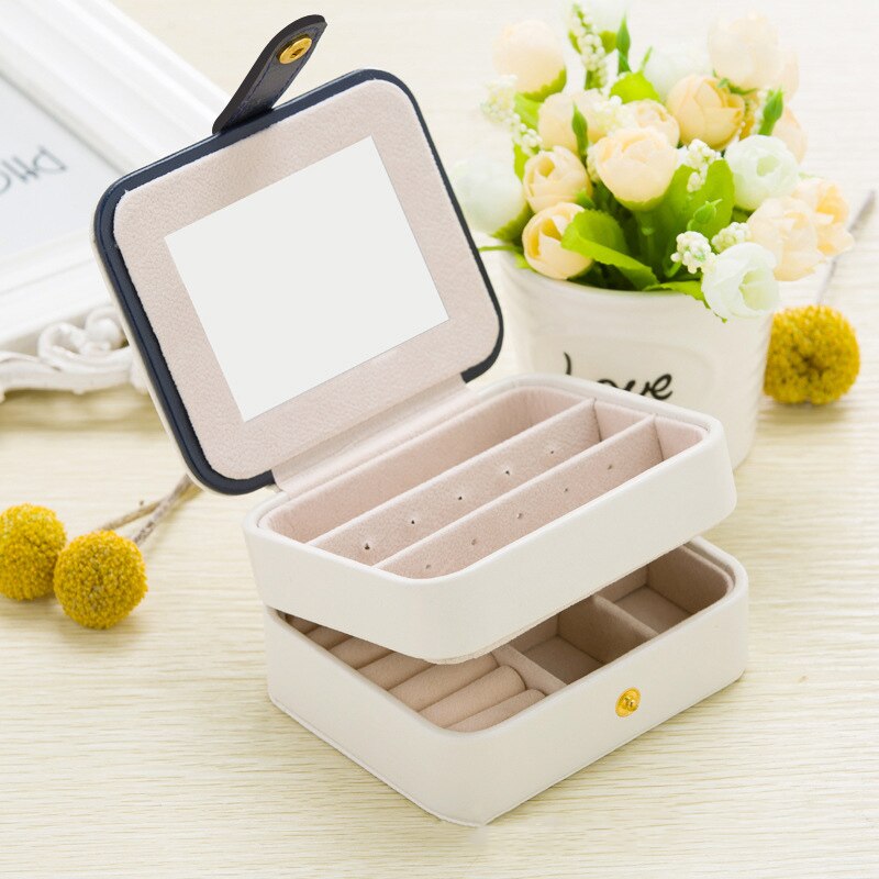 Portable Women Girls Travel Ring Earring Leather Jewelry Box Storage Organizer Box with Mirror Inside Velvet Jewelry Accessories