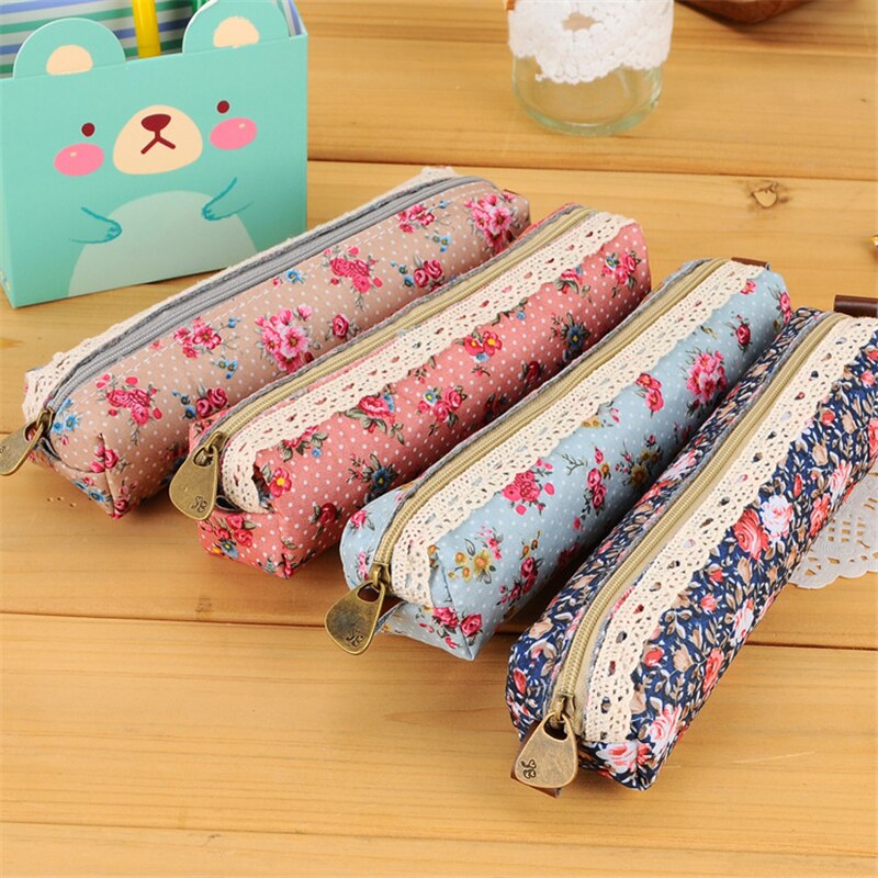 Mini Retro Flower Floral Lace Pencil Case, Pencil Bag School Supplies Cosmetic Makeup Bag Zipper Pouch Purse, Estojo Escolar