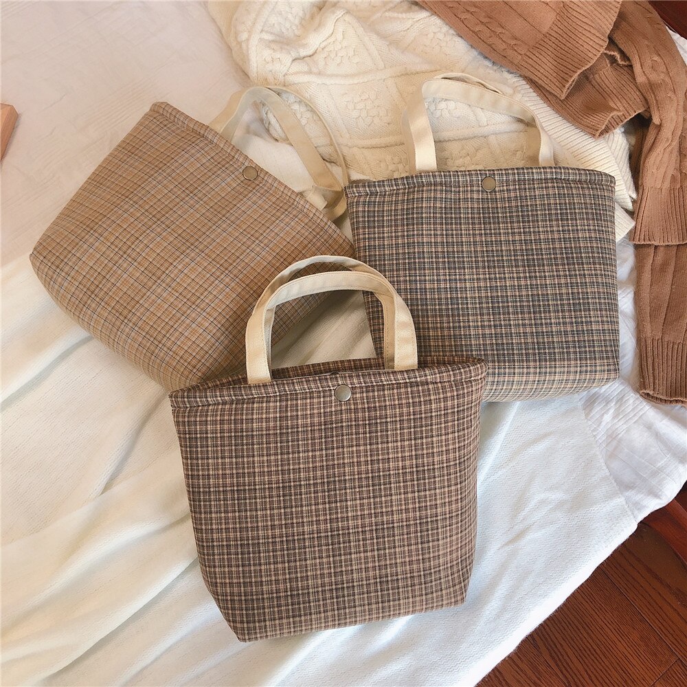 Cotton Fabric Lunch Bag Plaid Small Handbag Portable Food Picnic Bag Women Kids School Lunch Bags Ladies Little Tote Shopping