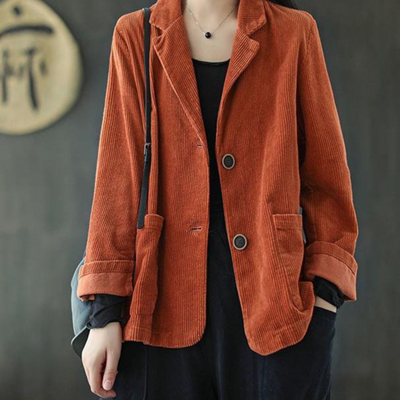 Fløjlsjakke dame vintage basis klassisk blazer knaplomme frakke ensfarvet løs afslappet high street kontor dame forår efterår top