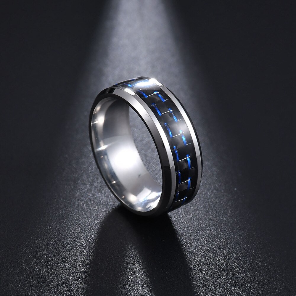 Titanium Steel Black Carbon Fiber Mens Cool Rings Blue Ring Anel Masculino Jewelry