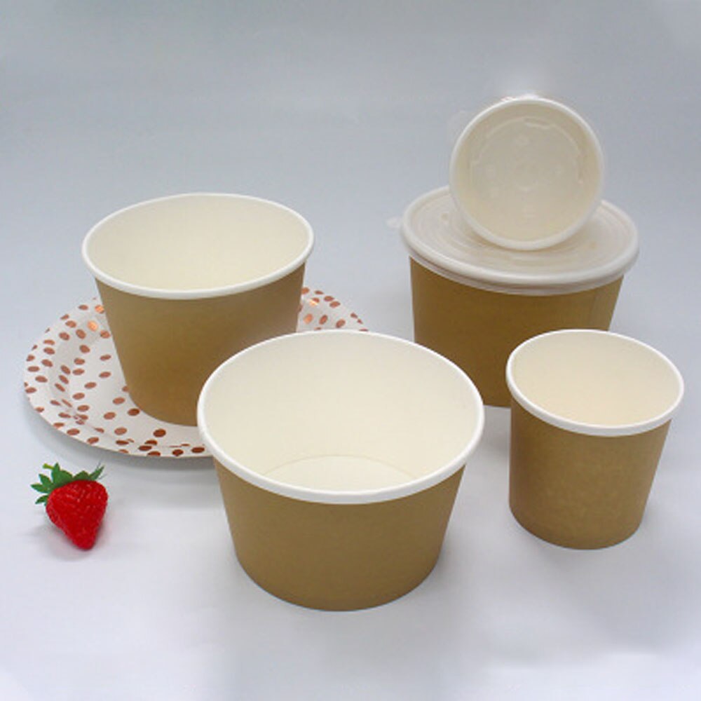 10pcs Round Disposable Biodegradable Kraft Paper Bowl Takeaway Soup Bowl Congee Bowl Disposable Paper Bowl Lunch Box with Lid