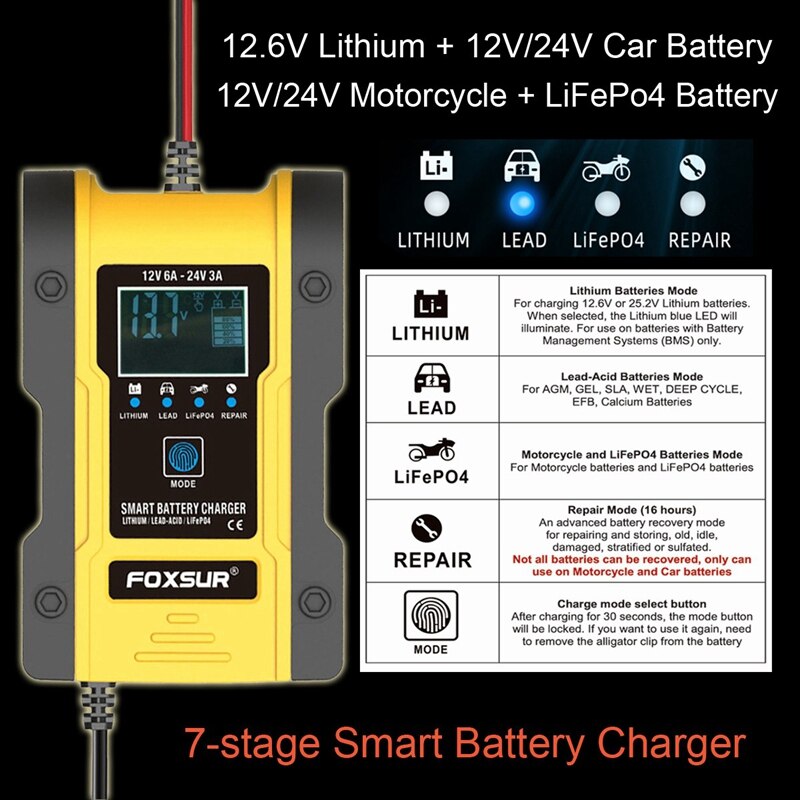 FOXSUR 12V/24V Car Battery Charger 6A 12.6V Lithium Battery Charger Smart Battery Charger for Motorcycle