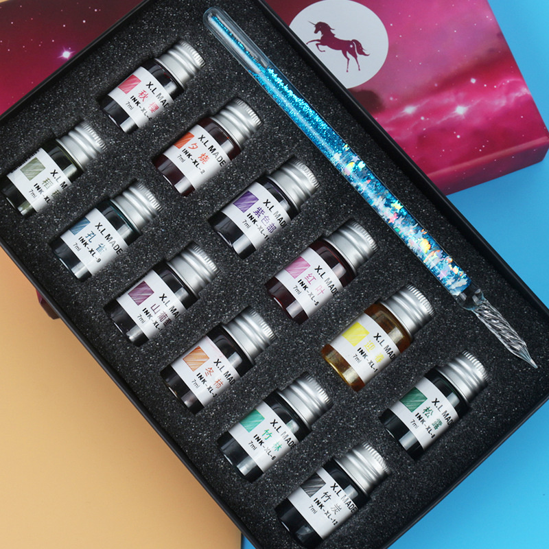 7/13pcs Glass Dip Pen And Blue Ink Sets Box Sequin Series Signature Pencil Handicraft Dip Pens Glass Pencils: Sky Blue