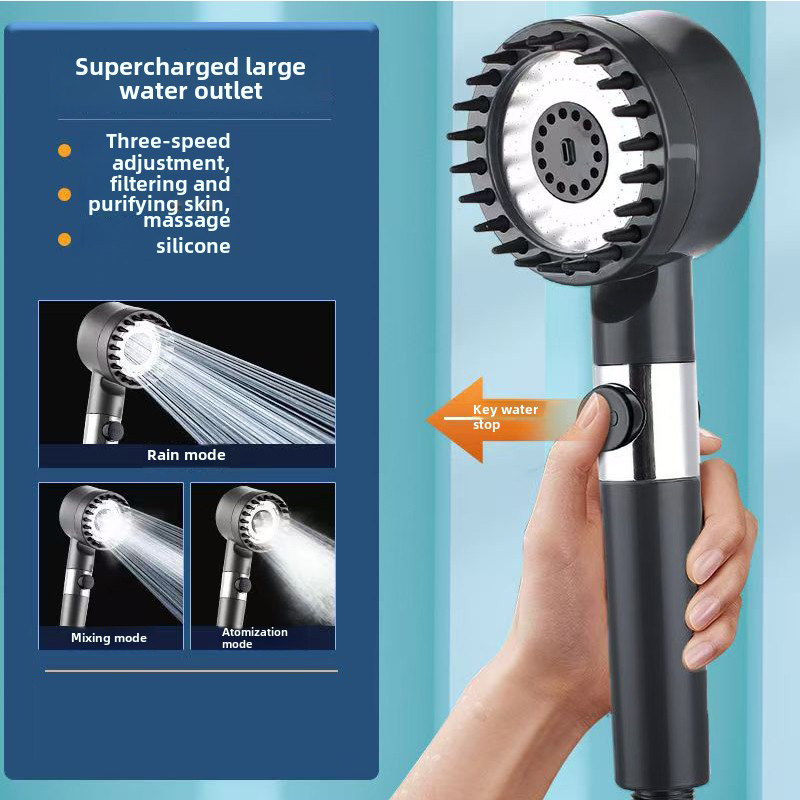 High Pressurized Filter Shower Head 3-mode Adjustable Spray with Massage Brush Rain Faucet Bathroom Accessories