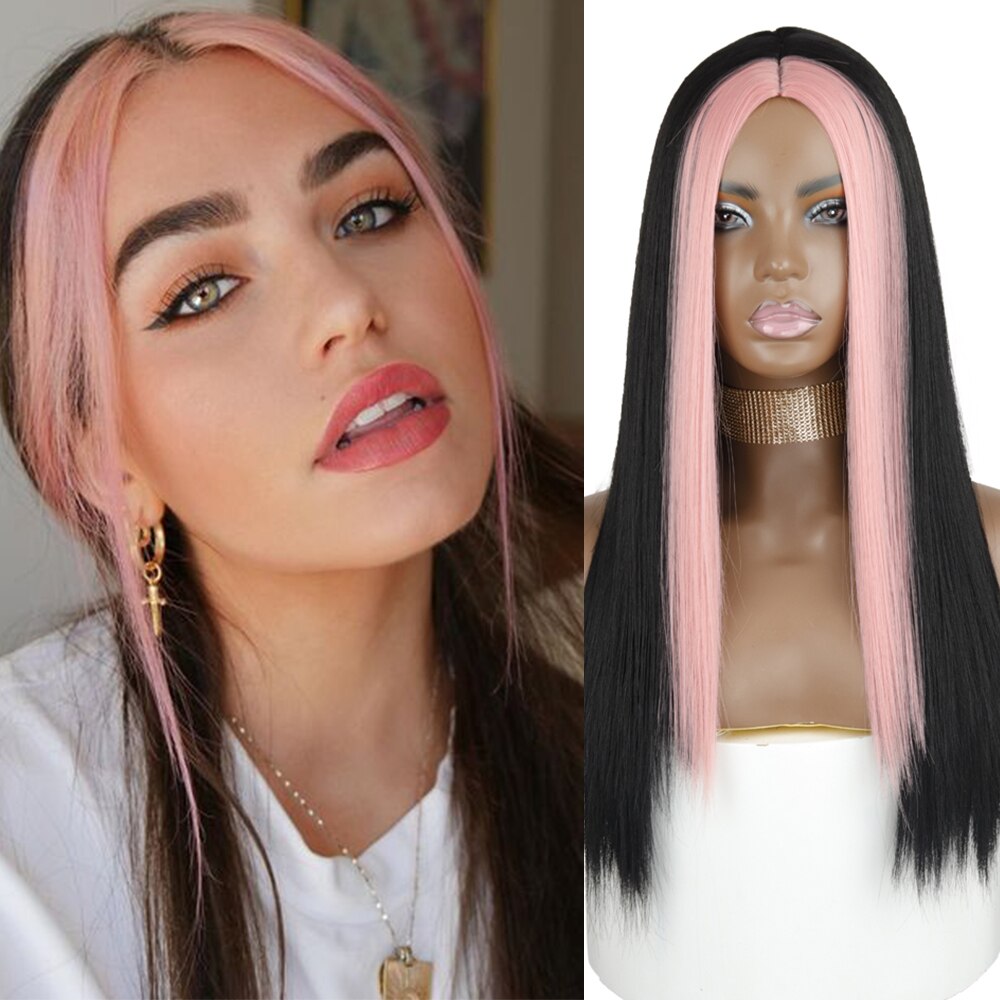 Azqueen zwarte roze lange rechte pruik voor meisjes, roze haar aan beide kanten, middenscheiding, hittebestendige rechte cosplaypruik voor vrouwen