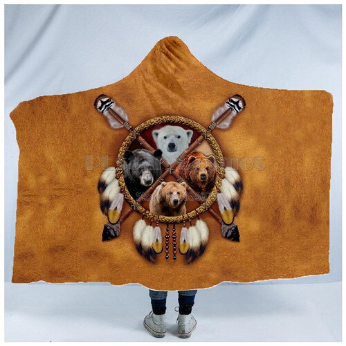 Plstar Cosmos niedźwiedź Totem/natywny indyjski koc z kapturem 3D pełny nadruk poręczny koc dorośli mężczyźni kobiety styl-5: Black / Adult 150(H)200(W)
