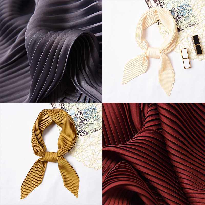 Plain Women Square Silk Scarf Skinny Ribbon Head Neck Small Pleated Hair Tie Band Kerchief Satin Foulard Scarves