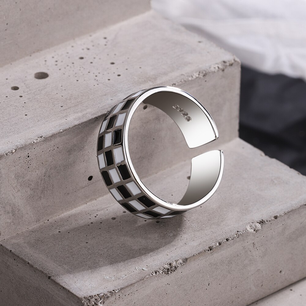 Nehzy S925 Stempel Zilver Vrouwen Mode-sieraden Dambord Eenvoudige Zwart-wit Plaid Open Ring