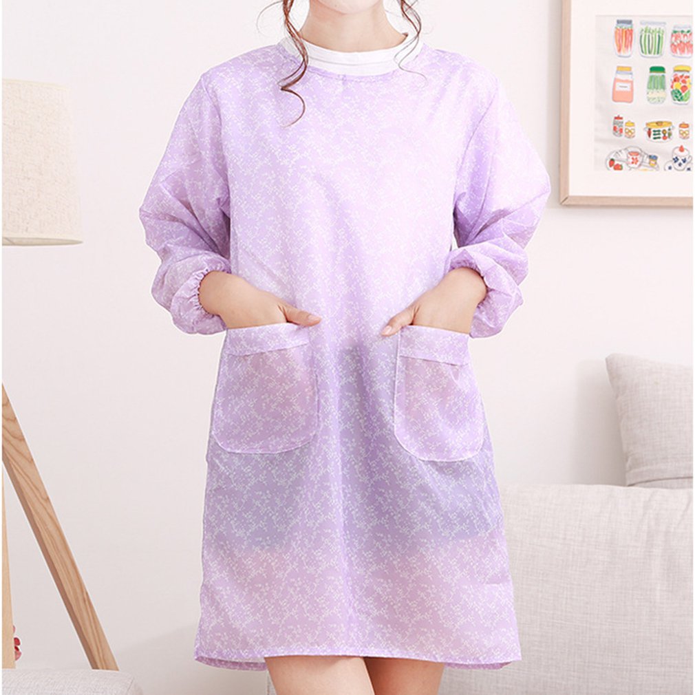 Korean Home Kitchen Long-sleeved Apron Adult Smock Unisex Anti-wear Waterproof Anti-oil Overalls: Purple