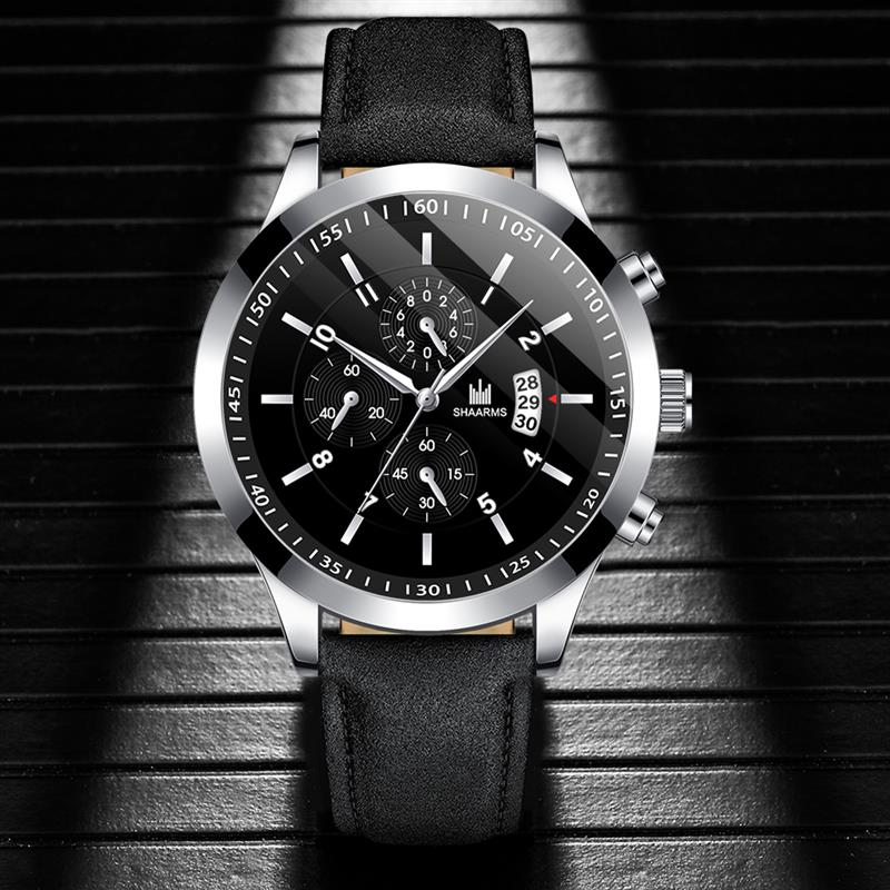 Shaarms herenhorloge met zwarte leren band, quartz polshorloge, sporthorloge voor heren, relogio masculino, reloj hombre