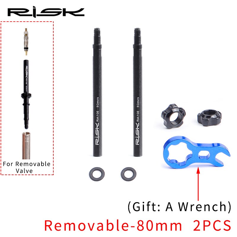 RISK-extensor de válvula extraible para rueda de bicicleta de carretera, adaptador central de extensión de neumático, 45mm, 80mm: Removable-80mm 2PCS