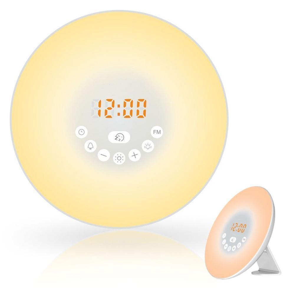 Digital Wecker Wake Up Licht Tisch LED Lampe Elektronische Schreibtisch Uhr Sunrise Sunset Snooze Uhren FM Radio Uhren