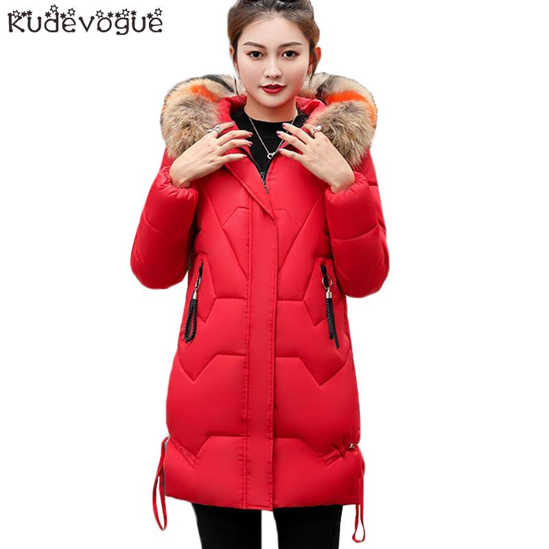Winter Vrouwen Jas Dikke Warme Hooded Slim Down Katoenen Parka Bontkraag Gewatteerde Uitloper Jassen Lange Kleding Plus Size 3XL