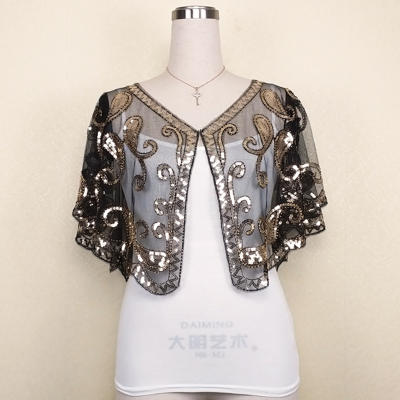 Capa de boda con cuentas de lentejuelas para mujer, Bolero, Capa, color negro, dorado y plateado, 5 colores