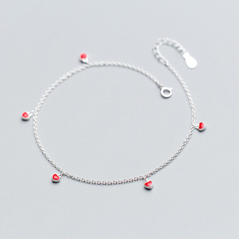 Plage 925 en argent Sterling pied bracelets de cheville pour femmes pieds nus sandales petit coeur rouge chaîne cheville Bracelet filles dame jambe bijoux