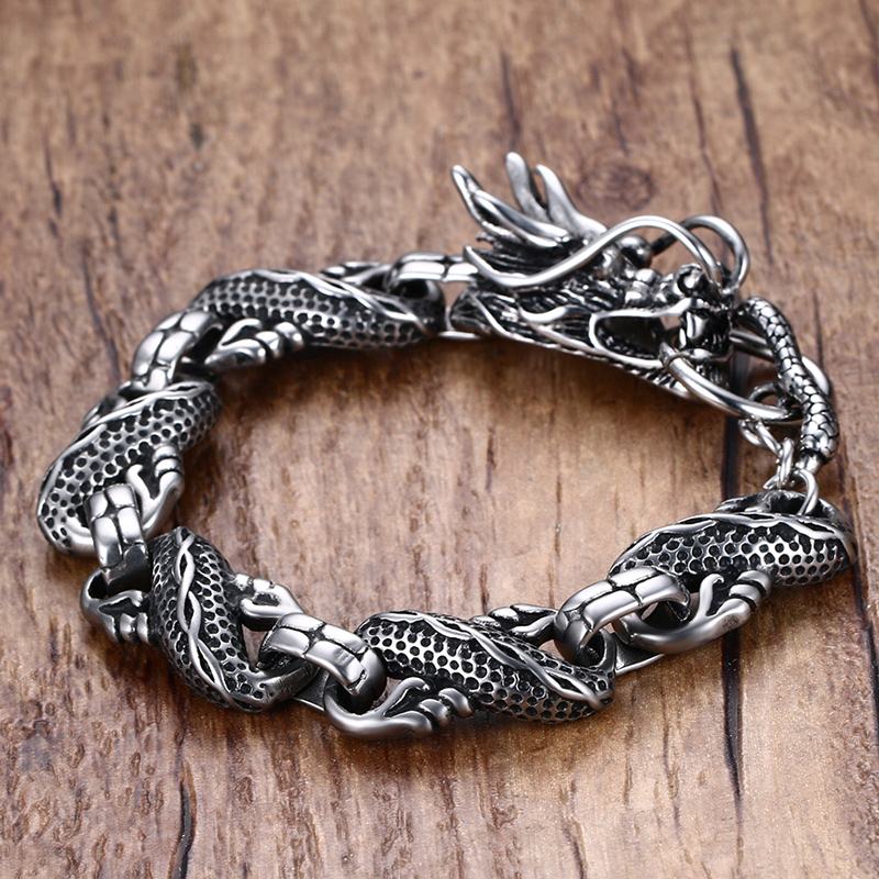 Bracelet homme lien sur le thème du Dragon avec fermoir à bascule Punk couleur argent ton bilezik acier inoxydable pulseira masculina 8.46"