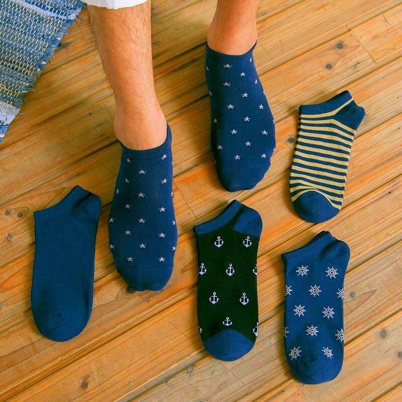 Calcetines tobilleros transpirables para hombre, calcetín de algodón, náuticos, rayas, anclas, estrellas, nieve, 5 pares, para primavera y verano