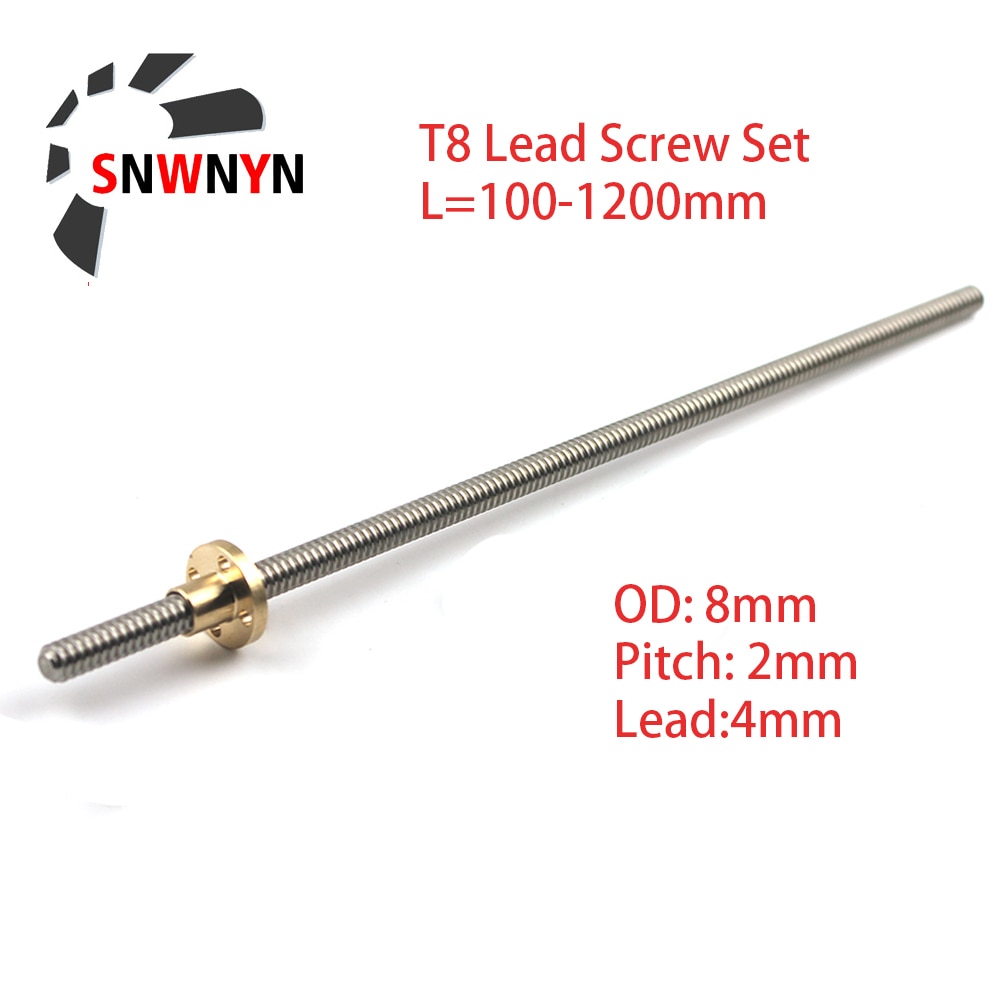 T8 Lead Screw Pitch 2mm Lead 4mm OD 8mm 100mm 150mm 200mm 300 350 400mm 500 600 1000 1200 Mm With Brass Nut For CNC 3D Printer