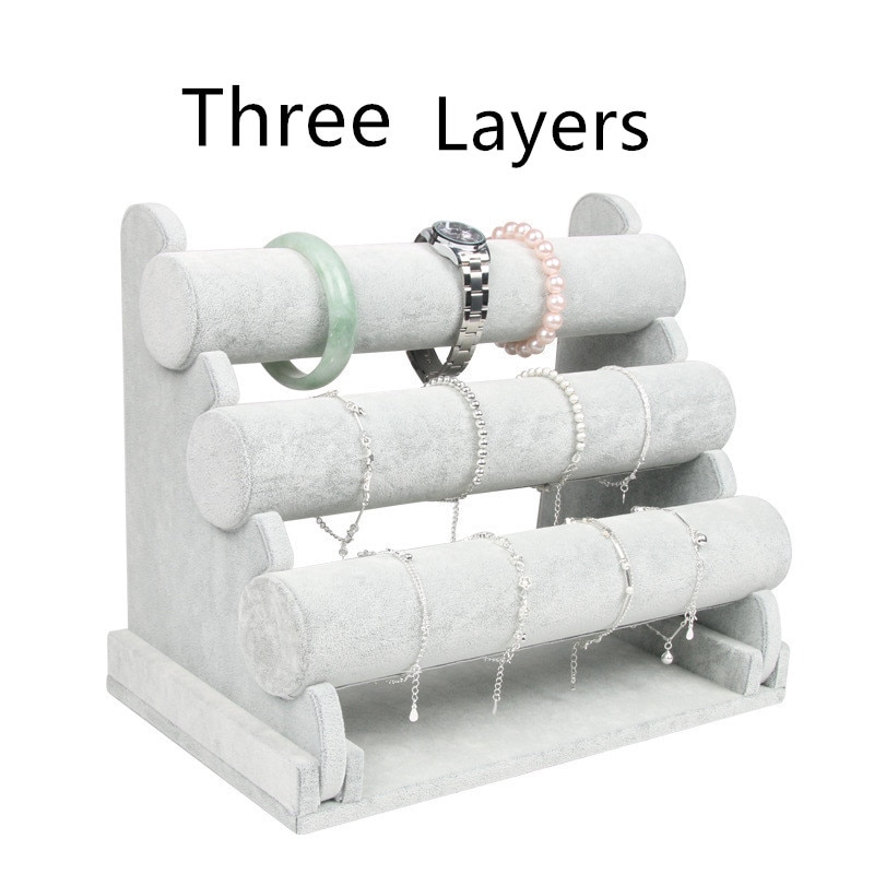 1pcs Vintage PU Leather / Velvet Bracelet Chain Watch T-Bar Rack Jewelry Organizer Hard Display Stand Holder: 3Layers Velvet Gray