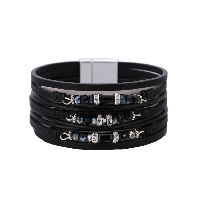 Amorcome Multi-layer Leren Armband Bohemian Bangle Met Magnetische Sluiting Kristal Kralen Wrap Manchet Armbanden Sieraden Voor Vrouwen
