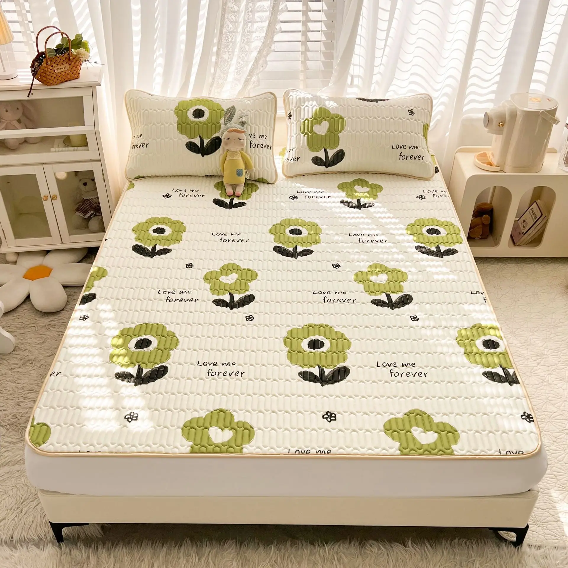 Flowers Latex Summer Mat Kit Cooling Feel Bed Pad and Pillowcase Cold Sleeping Bed Mat for Summer Breathable Folding Cool Mat
