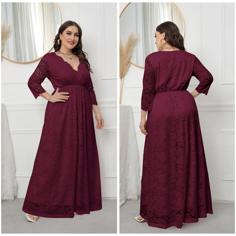 Spring European And American Style Plus Size V-Neck Evening Dress Hollowed Out Lace Dress For Women