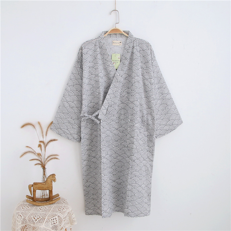 Katoen Double-Layer Gaas Nachtjapon Mannen Badjas Pyjama Lange Homewear Kimono Mannen Luxe Gewaad: Gray / L