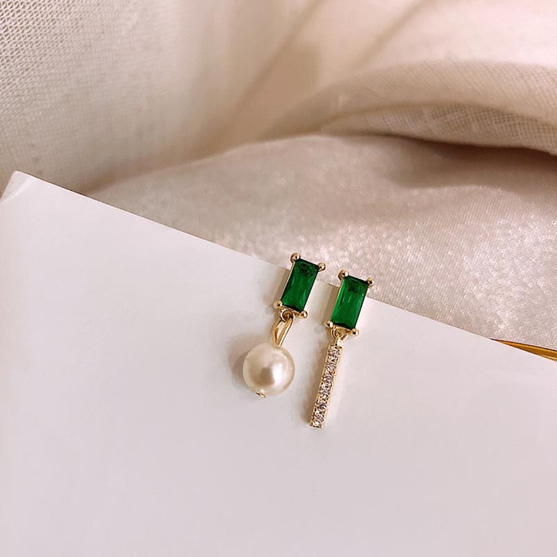 Classic Green AAA Cubic Zirconia Stud Earrings Square Crystal Girl Ear Studs For Women Gold Color Jewelry brincos Pearl