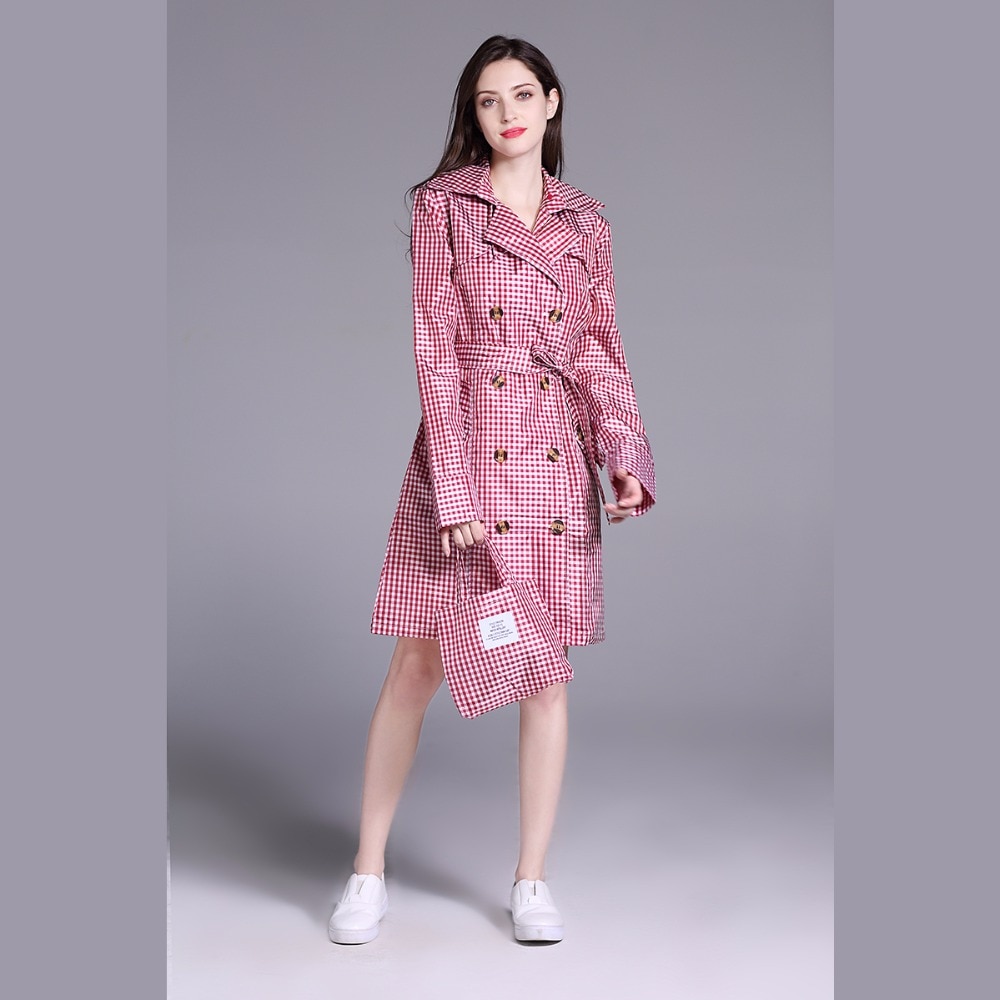 Freesmily Women Colored Grid Stylish Rain Poncho Waterproof Rain Jacket Coat with Waistband and Hood